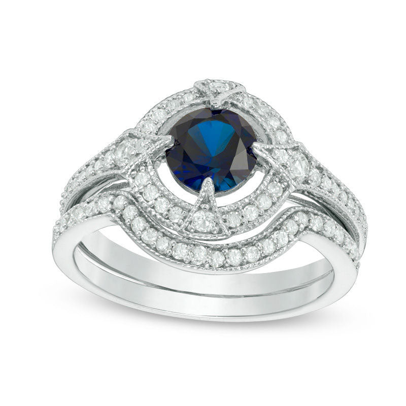 Image of ID 1 60mm Lab-Created Blue and White Sapphire with 033 CT TW Diamond Frame Antique Vintage-Style Bridal Engagement Ring Set in Sterling Silver