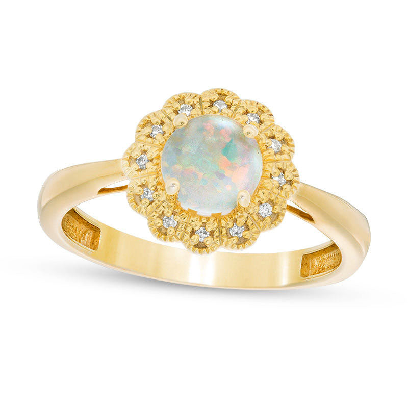 Image of ID 1 60mm Lab-Created Opal and 005 CT TW Diamond Antique Vintage-Style Flower Ring in Sterling Silver with Solid 18K Gold Plate