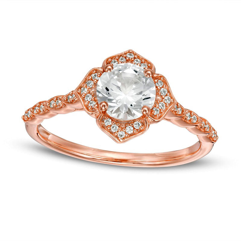 Image of ID 1 60mm Lab-Created White Sapphire and 013 CT TW Diamond Frame Flower Ring in Solid 10K Rose Gold