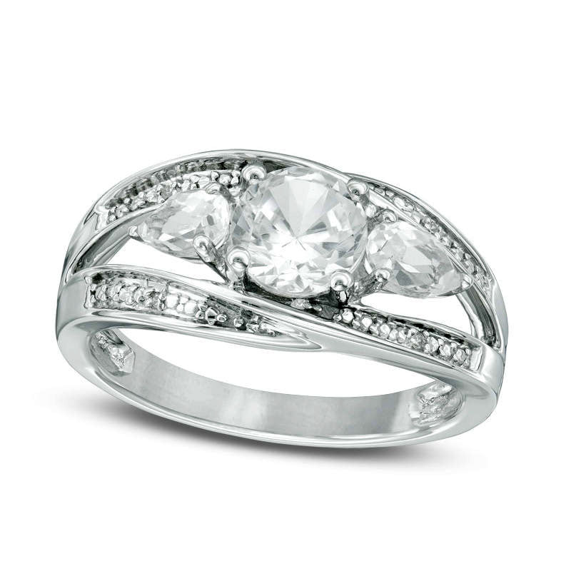 Image of ID 1 60mm Lab-Created White Sapphire and Diamond Accent Split Shank Three Stone Ring in Sterling Silver