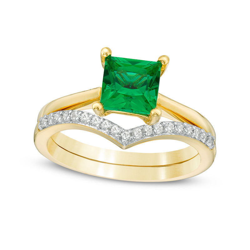 Image of ID 1 60mm Princess-Cut Lab-Created Emerald and 007 CT TW Diamond Chevron Bridal Engagement Ring Set in Solid 10K Yellow Gold