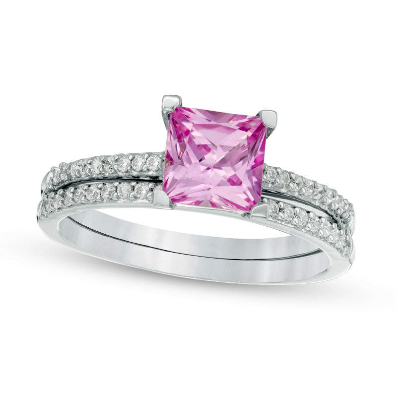 Image of ID 1 60mm Princess-Cut Lab-Created Pink Sapphire and 020 CT TW Diamond Bridal Engagement Ring Set in Sterling Silver