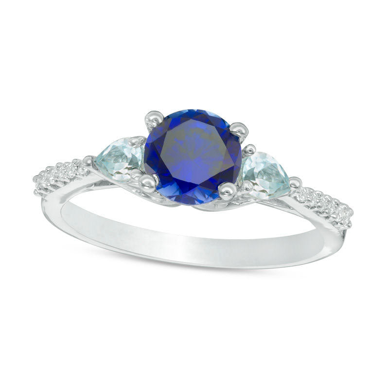 Image of ID 1 62mm Lab-Created Blue Sapphire Aquamarine and Diamond Accent Three Stone Ring in Solid 10K White Gold