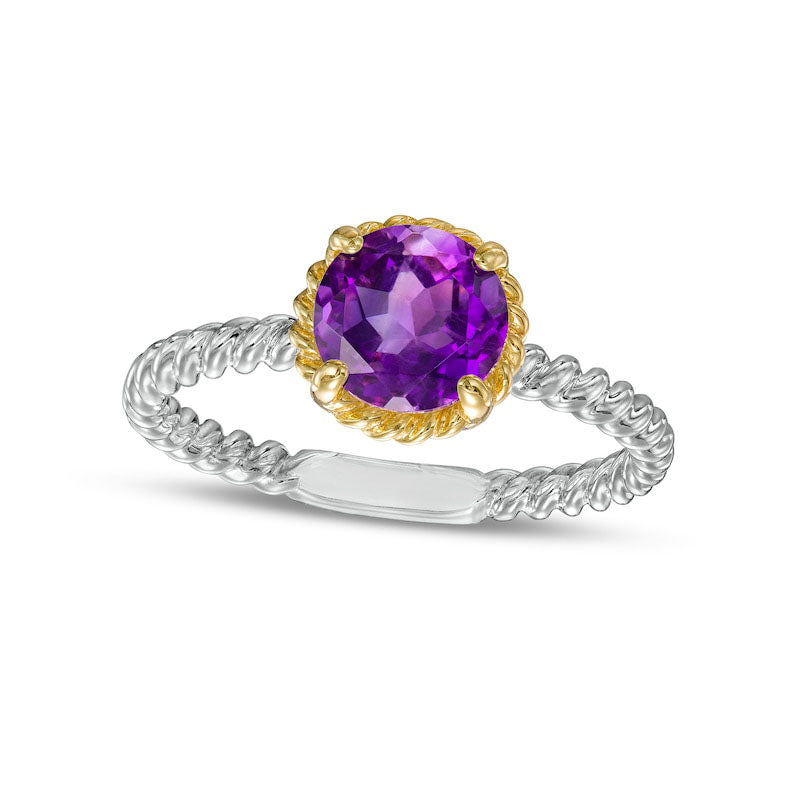 Image of ID 1 70mm Amethyst Solitaire Rope-Textured Frame and Shank Ring in Sterling Silver and Solid 10K Yellow Gold