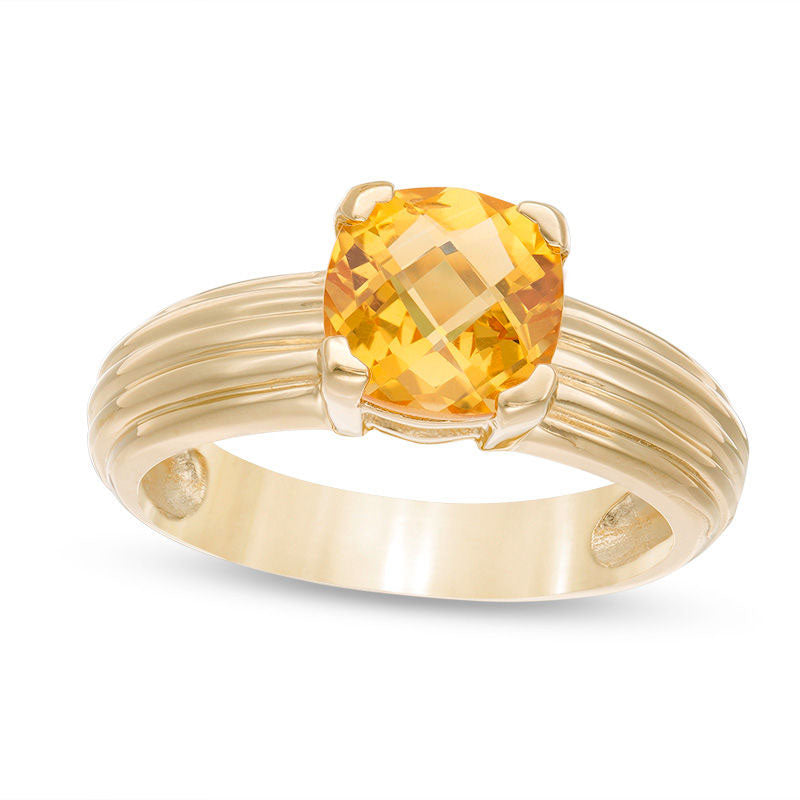 Image of ID 1 70mm Cushion-Cut Citrine Solitaire Ribbed Shank Ring in Solid 10K Yellow Gold