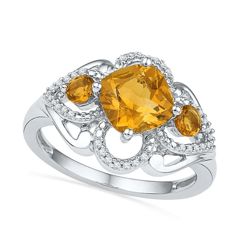 Image of ID 1 70mm Cushion-Cut Citrine and 010 CT TW Natural Diamond Ring in Sterling Silver