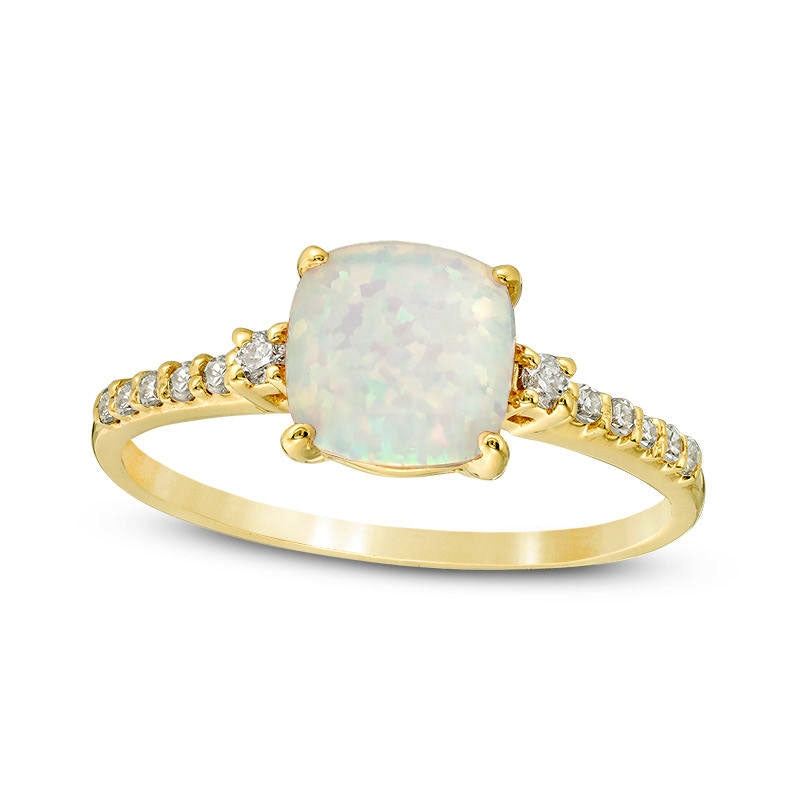Image of ID 1 70mm Cushion-Cut Lab-Created Opal and 013 CT TW Diamond Engagement Ring in Solid 10K Yellow Gold