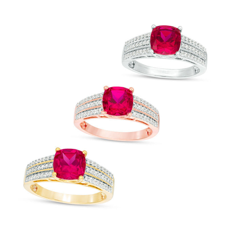 Image of ID 1 70mm Cushion-Cut Lab-Created Ruby and 025 CT TW Diamond Triple Row Ring in Solid 10K White Yellow or Rose Gold