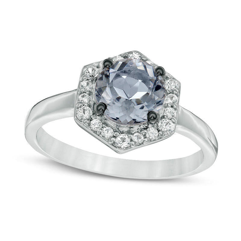 Image of ID 1 70mm Lab-Created Grey Spinel and White Sapphire Hexagon Frame Ring in Sterling Silver