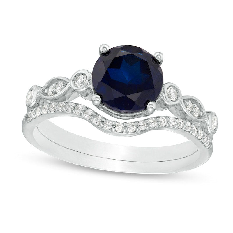 Image of ID 1 75mm Lab-Created Blue Sapphire and 017 CT TW Diamond Geometric Bridal Engagement Ring Set in Sterling Silver