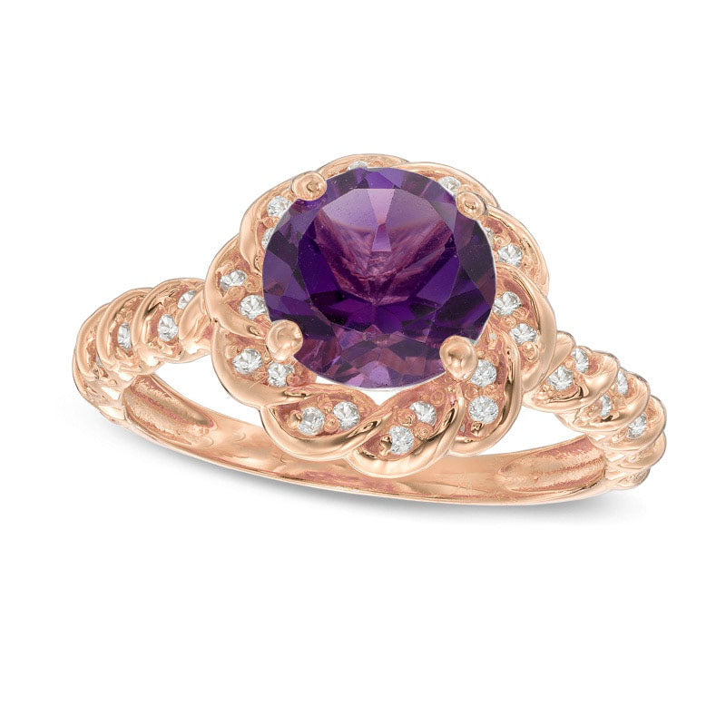 Image of ID 1 80mm Amethyst and Lab-Created White Sapphire Frame Flower Ring in Sterling Silver with Solid 14K Gold Plate