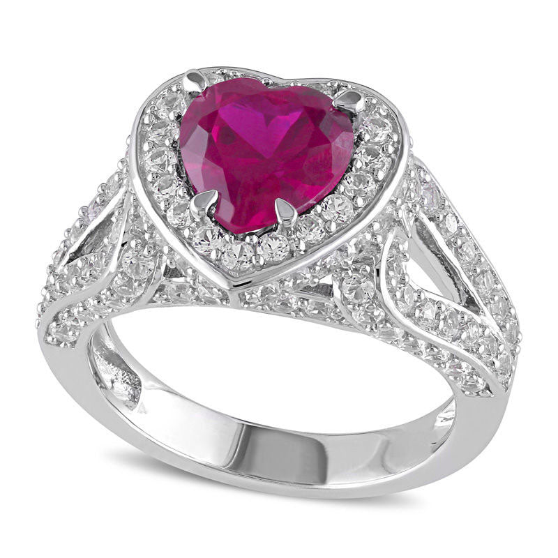 Image of ID 1 80mm Heart-Shaped Lab-Created Ruby and White Sapphire Frame Ring in Sterling Silver