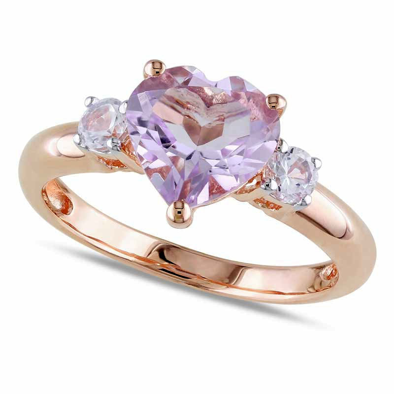 Image of ID 1 80mm Heart-Shaped Rose de France Amethyst and Lab-Created White Sapphire Ring in Sterling Silver with Rose Rhodium