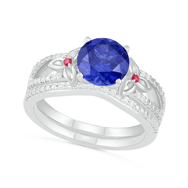 Image of ID 1 80mm Lab-Created Blue Sapphire Ruby and 007 CT TW Diamond Flower-Sides Split Shank Bridal Engagement Ring Set in Sterling Silver