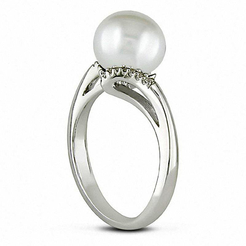 Image of ID 1 90 - 100mm Button Cultured Freshwater Pearl and 005 CT TW Natural Diamond Bypass Ring in Sterling Silver