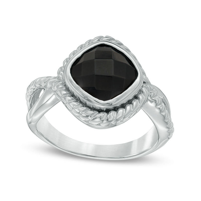 Image of ID 1 90mm Cushion-Cut Faceted Onyx Rope Frame Split Shank Ring in Sterling Silver