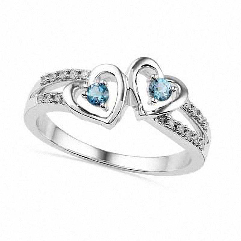 Image of ID 1 Aquamarine and 005 CT TW Natural Diamond Double Heart Ring in Sterling Silver