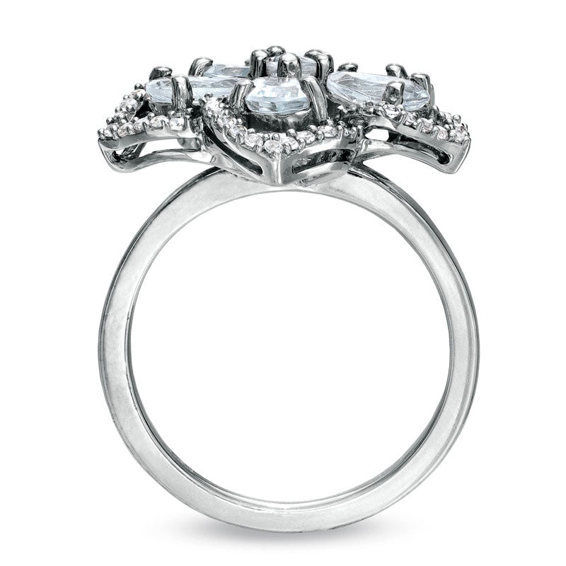 Image of ID 1 Aquamarine and White Topaz Flower Ring in Sterling Silver