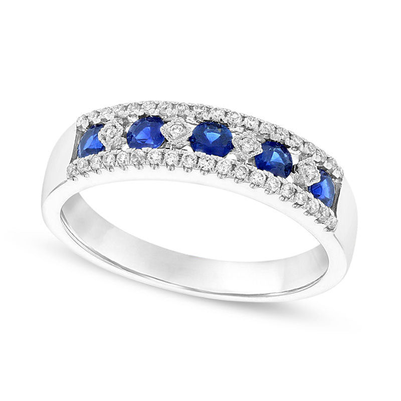 Image of ID 1 Blue Sapphire and 017 CT TW Natural Diamond Five Stone Art Deco Band in Solid 14K White Gold
