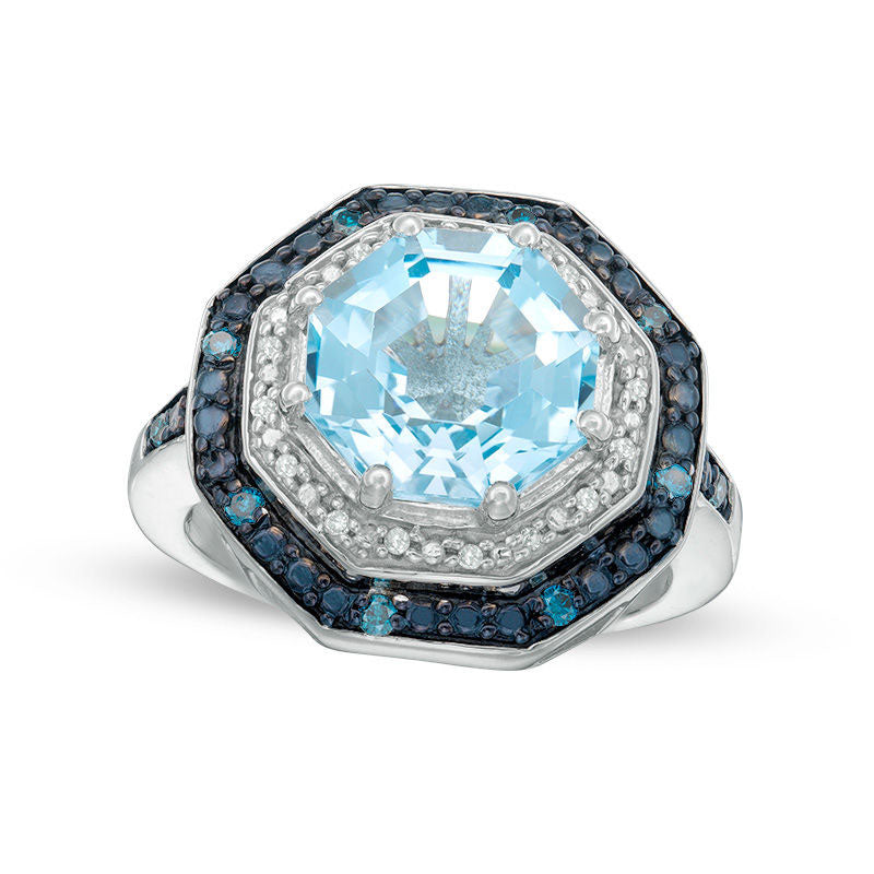 Image of ID 1 Blue Topaz and 017 CT TW Enhanced Blue and White Natural Diamond Double Octagon Frame Ring in Sterling Silver