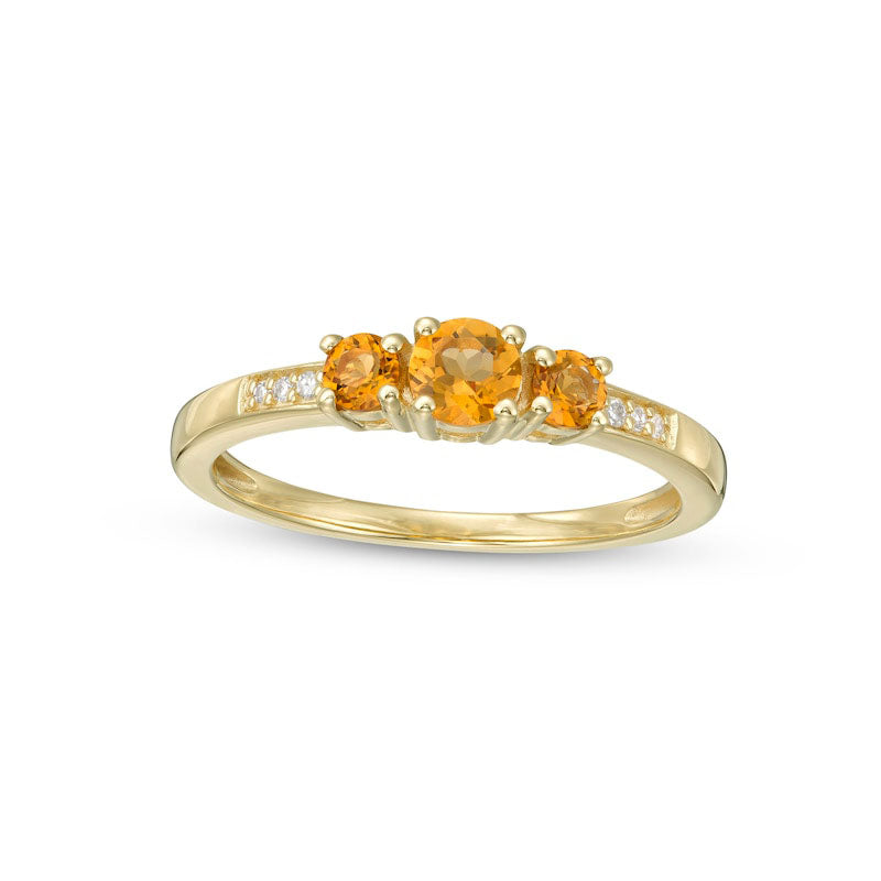 Image of ID 1 Citrine and Natural Diamond Accent Three Stone Ring in Solid 10K Yellow Gold