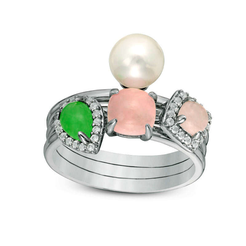 Image of ID 1 Cultured Freshwater Pearl and Green and Rose Quartz with White Topaz Three Piece Stackable Ring Set in Sterling Silver