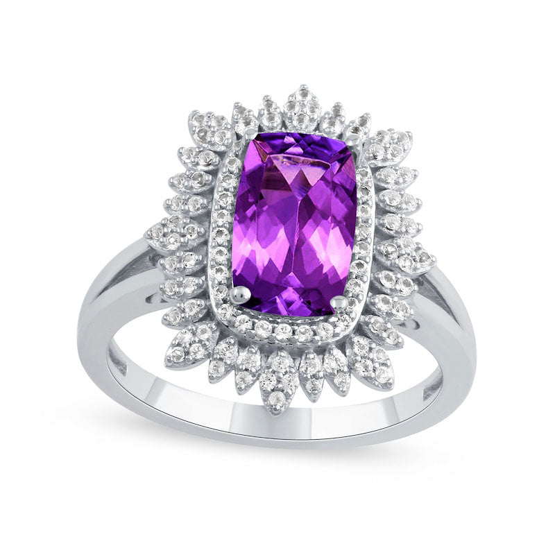 Image of ID 1 Cushion-Cut Amethyst and White Topaz Floral Frame Split Shank Ring in Solid 10K White Gold