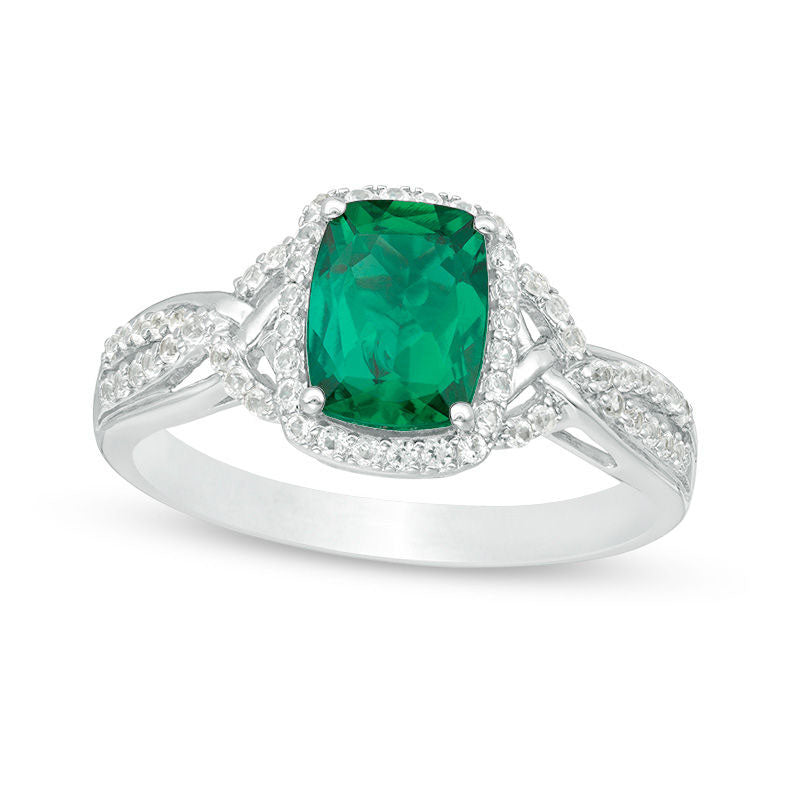 Image of ID 1 Cushion-Cut Lab-Created Emerald and White Sapphire Frame Braided Shank Ring in Sterling Silver