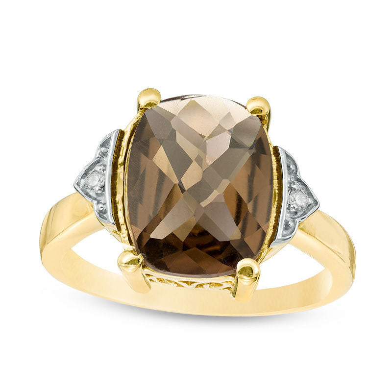 Image of ID 1 Cushion-Cut Smoky Quartz and Natural Diamond Accent Ring in Solid 10K Yellow Gold