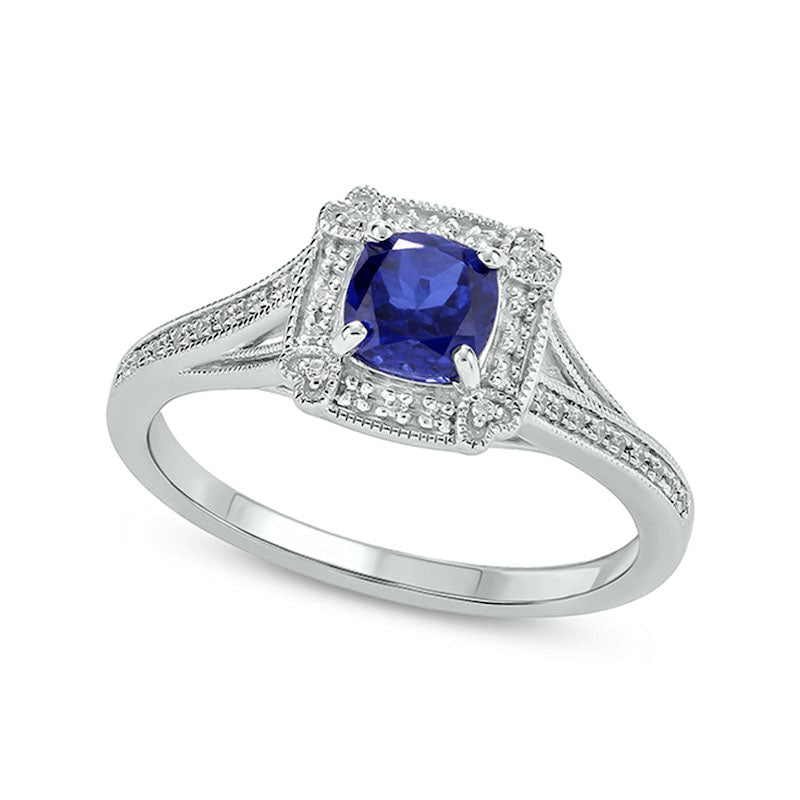 Image of ID 1 Cushion-Shaped Blue Lab-Created Sapphire and 010 CT TW Diamond Frame Split Shank Engagement Ring in Sterling Silver