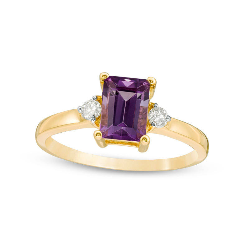 Image of ID 1 Emerald-Cut Amethyst and 010 CT TW Natural Diamond Ring in Solid 10K Yellow Gold