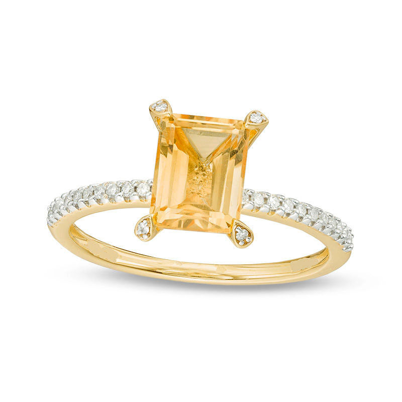 Image of ID 1 Emerald-Cut Citrine and 010 CT TW Natural Diamond Ring in Solid 10K Yellow Gold