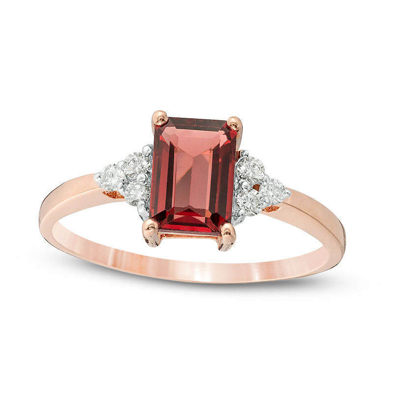 Image of ID 1 Emerald-Cut Garnet and 013 CT TW Natural Diamond Tri-Sides Engagement Ring in Solid 10K Rose Gold