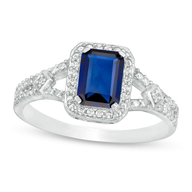 Image of ID 1 Emerald-Cut Lab-Created Blue Sapphire and 005 CT TW Diamond Frame Split Shank Ring in Sterling Silver