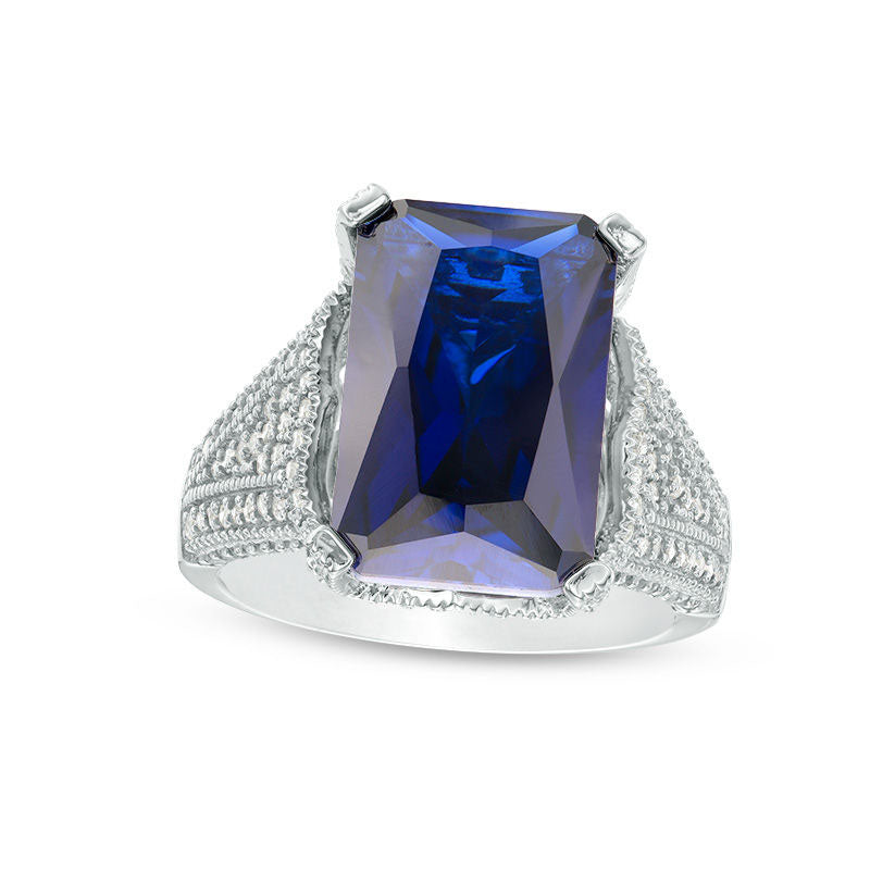 Image of ID 1 Emerald-Cut Lab-Created Blue and White Sapphire Antique Vintage-Style Ring in Sterling Silver