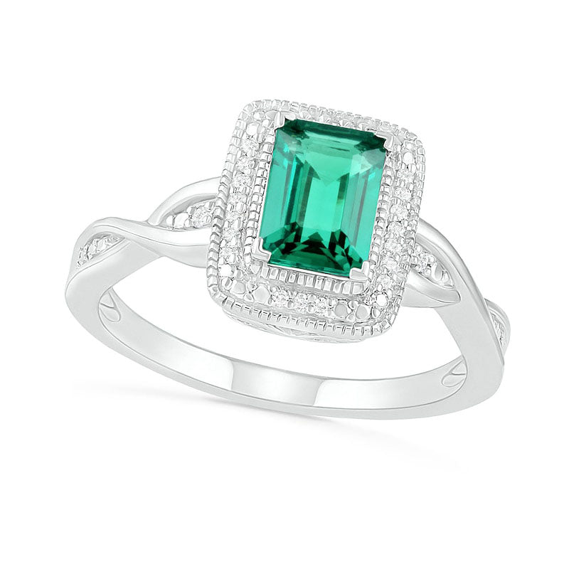 Image of ID 1 Emerald-Cut Lab-Created Emerald and 007 CT TW Diamond Frame Twist Shank Antique Vintage-Style Ring in Sterling Silver