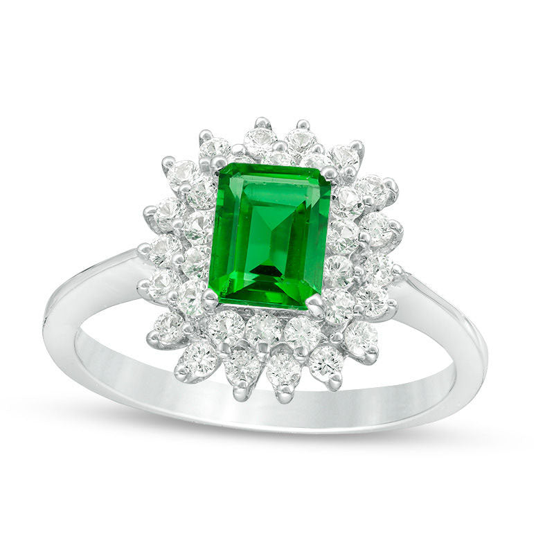 Image of ID 1 Emerald-Cut Lab-Created Emerald and White Sapphire Sunburst Frame Ring in Sterling Silver