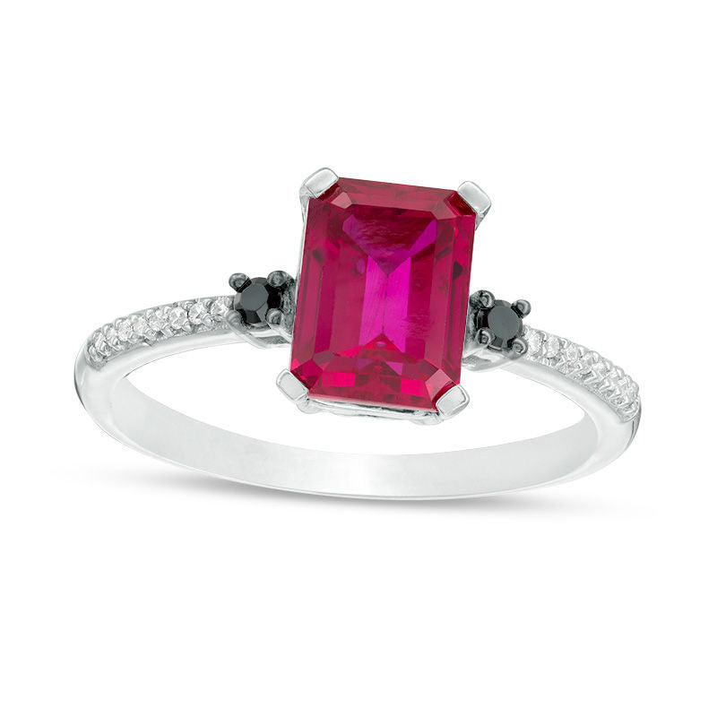 Image of ID 1 Emerald-Cut Lab-Created Ruby and 010 CT TW Enhanced Black and White Diamond Ring in Solid 10K White Gold