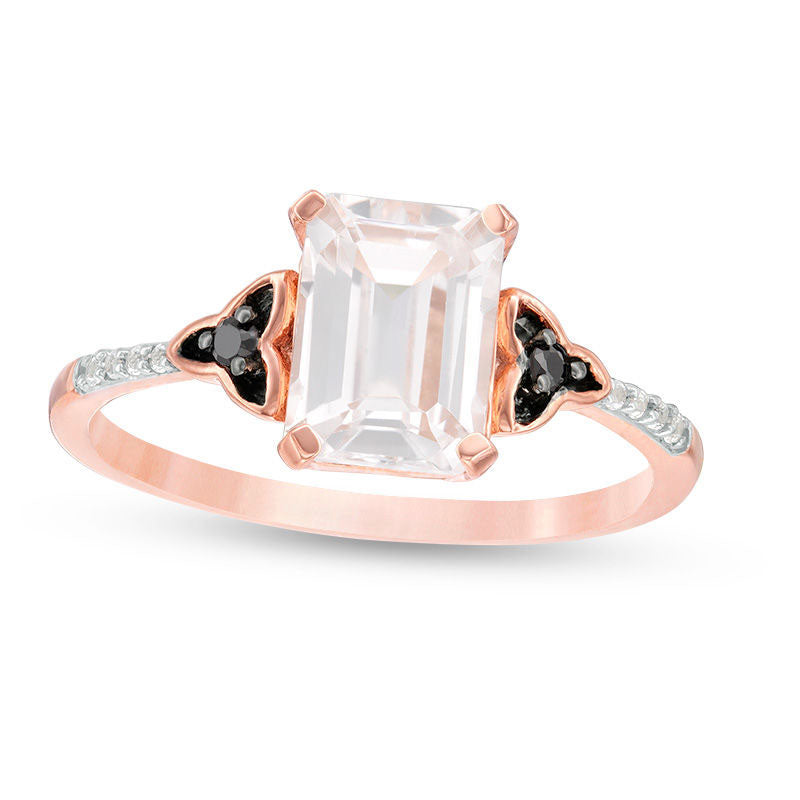 Image of ID 1 Emerald-Cut Lab-Created White Sapphire and 005 CT TW Enhanced Black and White Diamond Promise Ring in Solid 10K Rose Gold