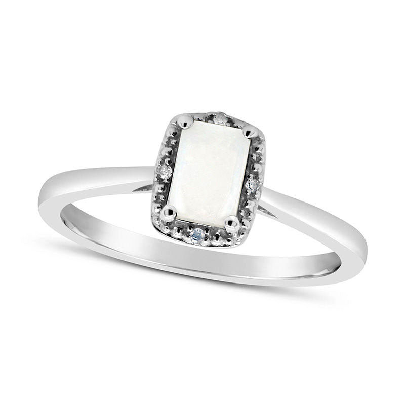 Image of ID 1 Emerald-Cut Opal and Natural Diamond Accent Beaded Frame Ring in Sterling Silver