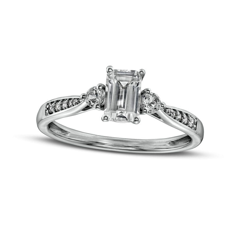 Image of ID 1 Emerald-Cut White Lab-Created Sapphire and 005 CT TW Diamond Three Stone Promise Ring in Sterling Silver