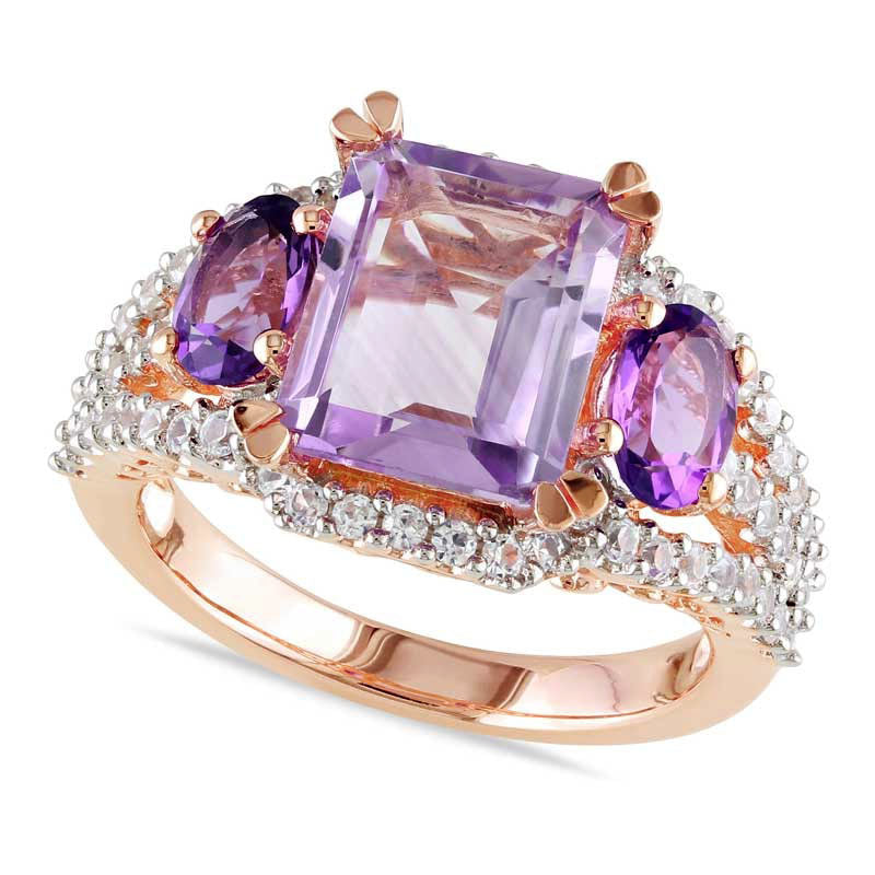 Image of ID 1 Emerald-Cut and Oval Amethyst and Lab-Created White Sapphire Ring in Rose Rhodium Sterling Silver
