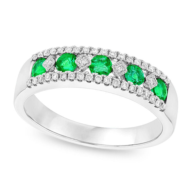 Image of ID 1 Emerald and 017 CT TW Natural Diamond Five Stone Art Deco Band in Solid 14K White Gold