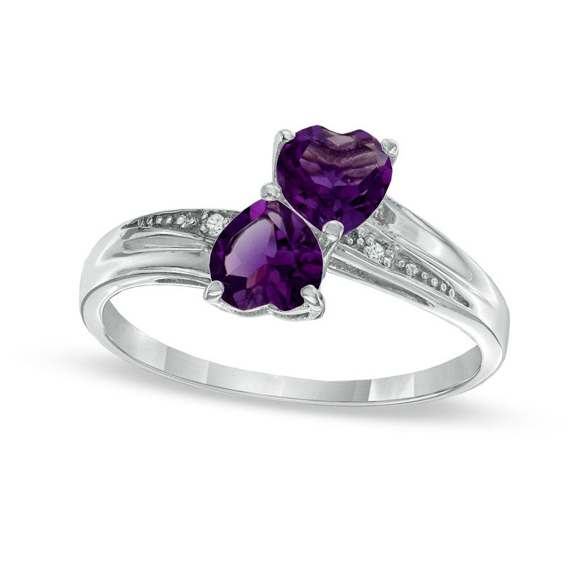 Image of ID 1 Heart-Shaped Amethyst and Natural Diamond Accent Double Heart Ring in Sterling Silver