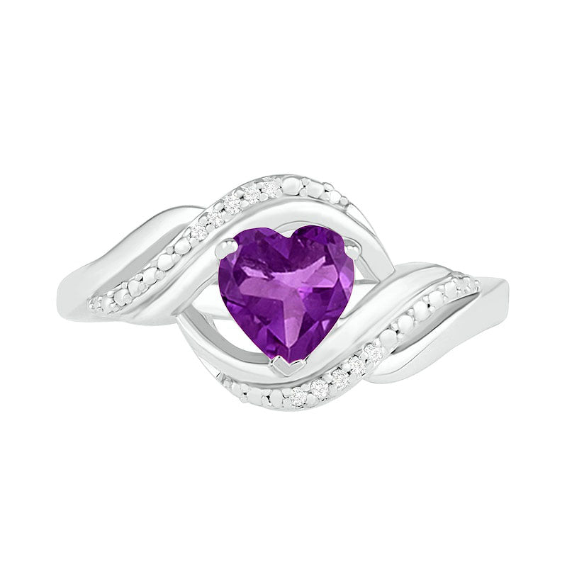 Image of ID 1 Heart-Shaped Amethyst and Natural Diamond Accent Ribbon Ring in Sterling Silver