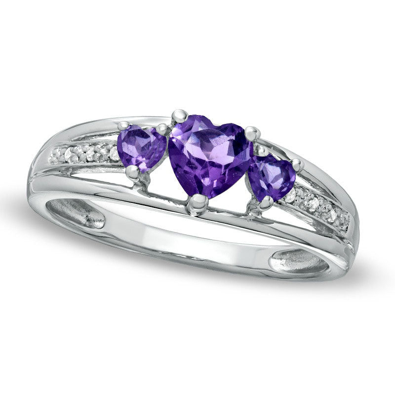 Image of ID 1 Heart-Shaped Amethyst and Natural Diamond Accent Three Stone Promise Ring in Solid 10K White Gold