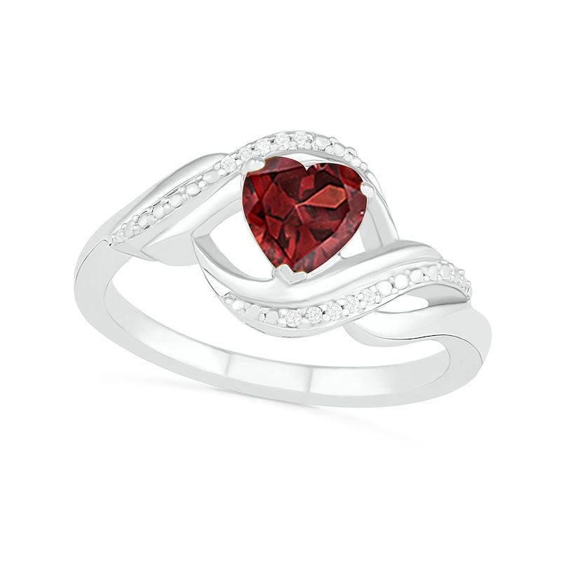 Image of ID 1 Heart-Shaped Garnet and Natural Diamond Accent Ribbon Ring in Sterling Silver