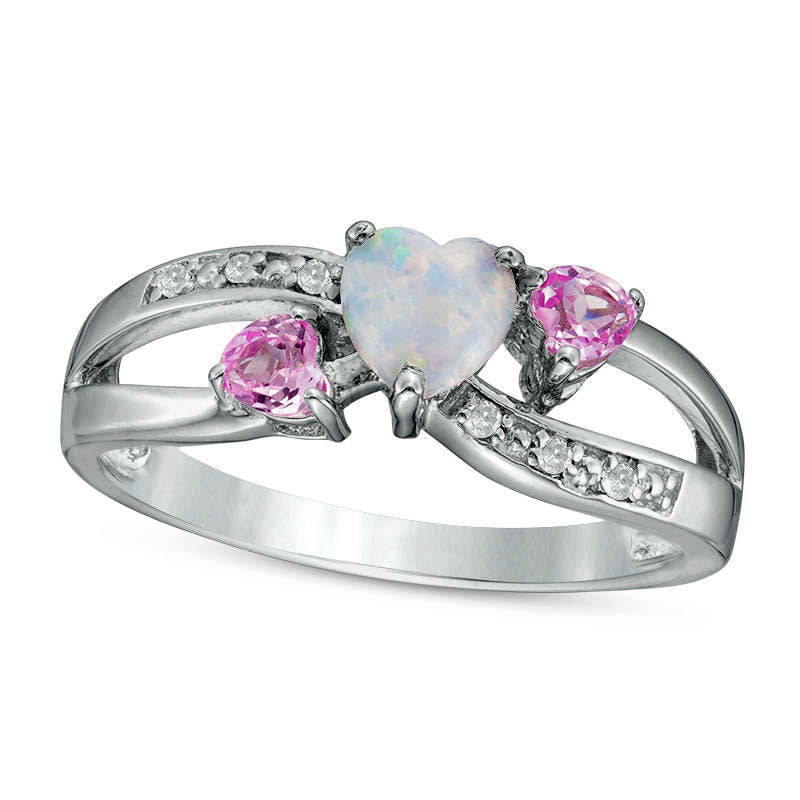 Image of ID 1 Heart-Shaped Lab-Created Opal Pink Sapphire and Diamond Accent Three Stone Ring in Sterling Silver