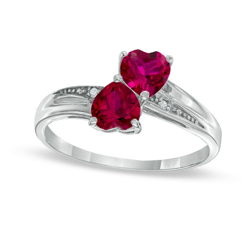 Image of ID 1 Heart-Shaped Lab-Created Ruby and Diamond Accent Double Heart Ring in Sterling Silver
