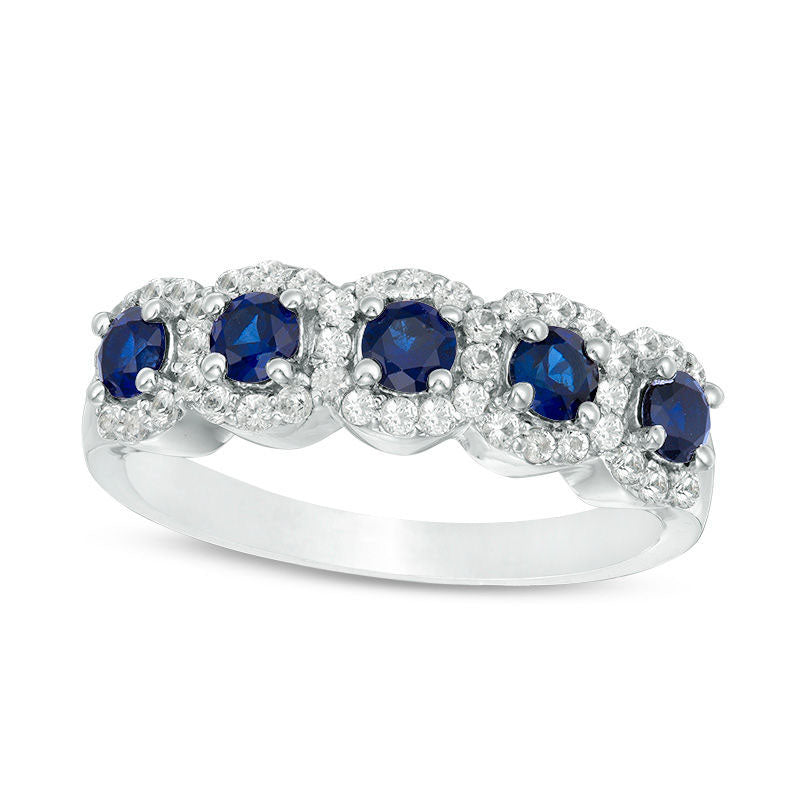 Image of ID 1 Lab-Created Blue and White Sapphire Frame Five Stone Ring in Sterling Silver